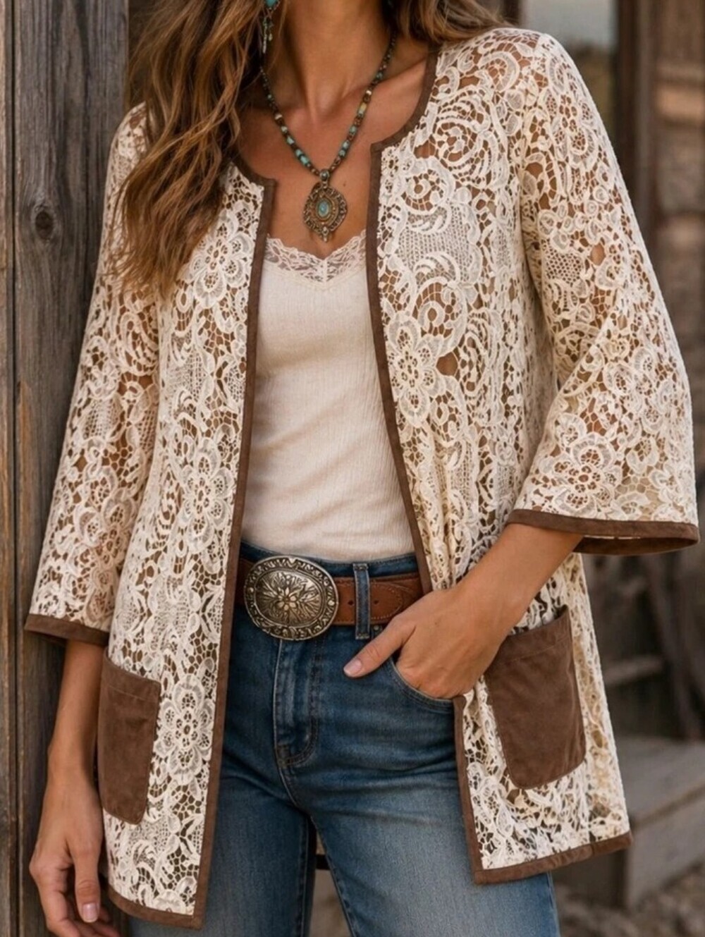 CHICO'S LACE & FAUX SUEDE DUSTER